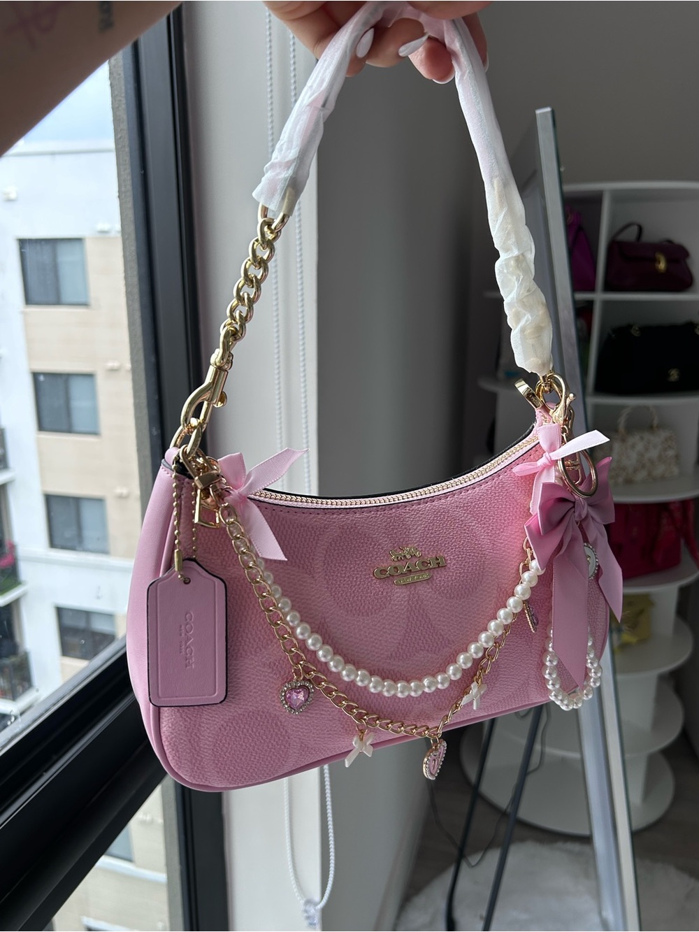 Coach Pink Shoulder Bag with Pearl & Bow Charm - Picture 3 of 4
